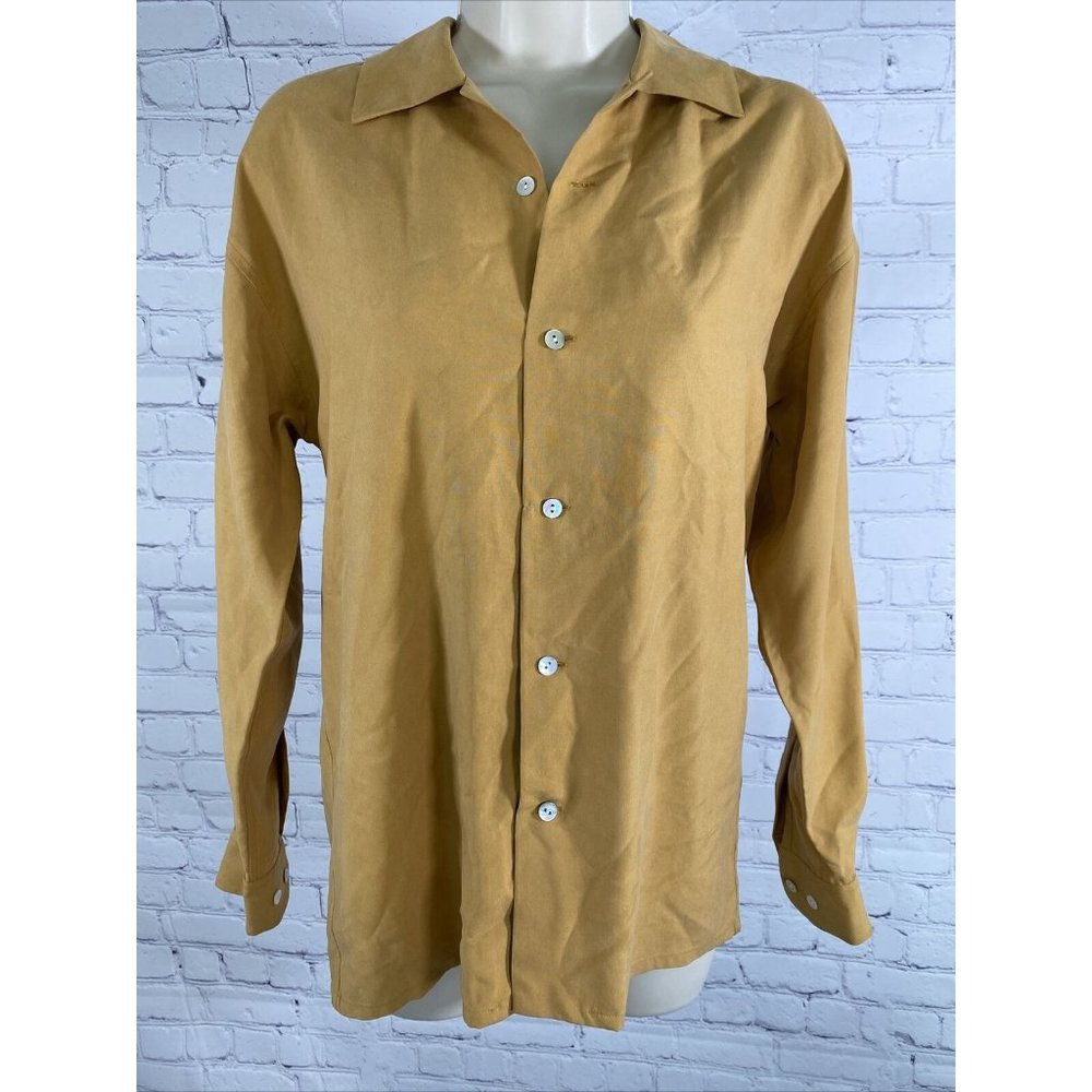 Harolds 100% Silk Mustard/Gold Womens Oyster Shell Button Up Size P
